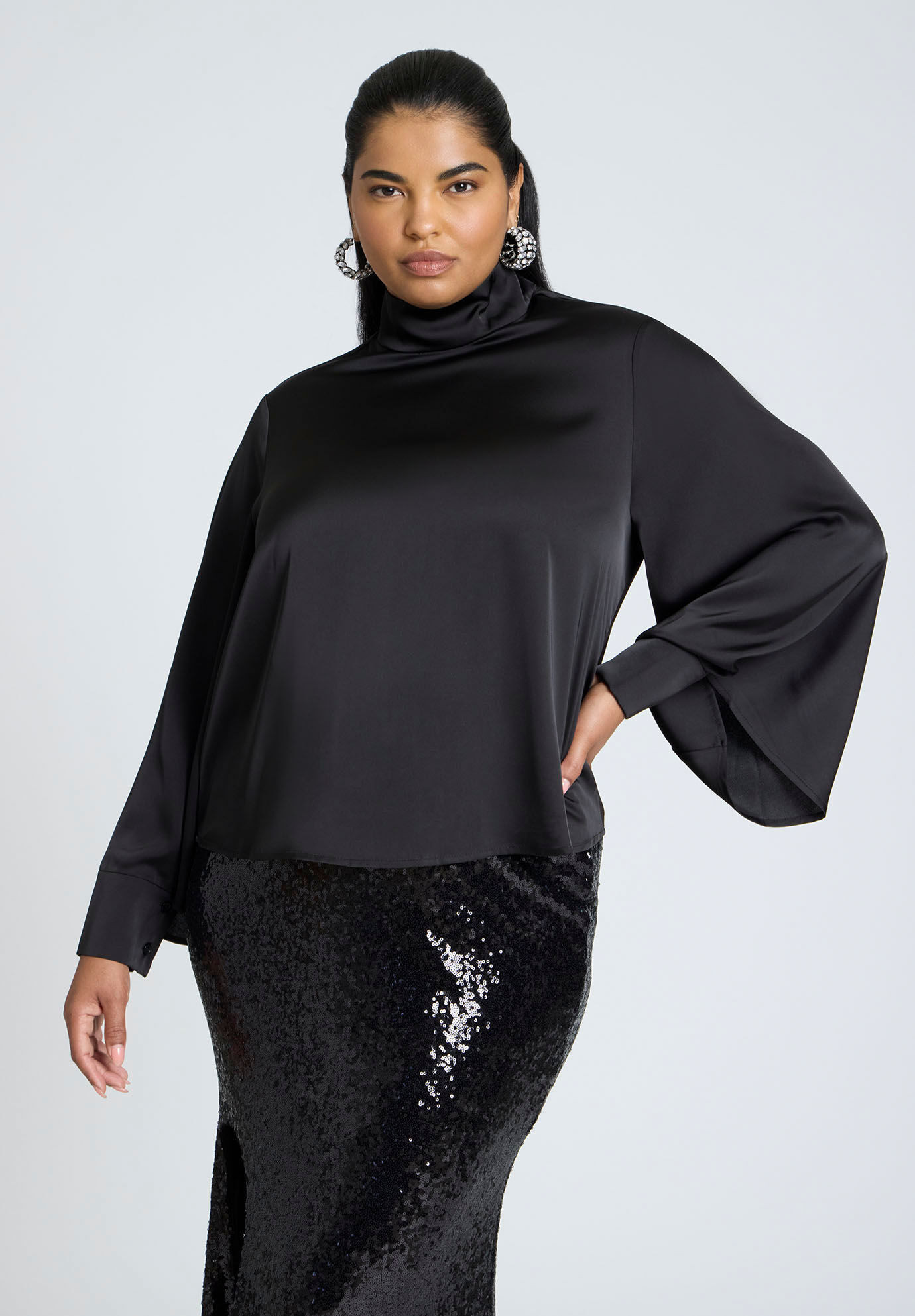Cuffed Kimono Sleeve Mockneck Blouse | Eloquii