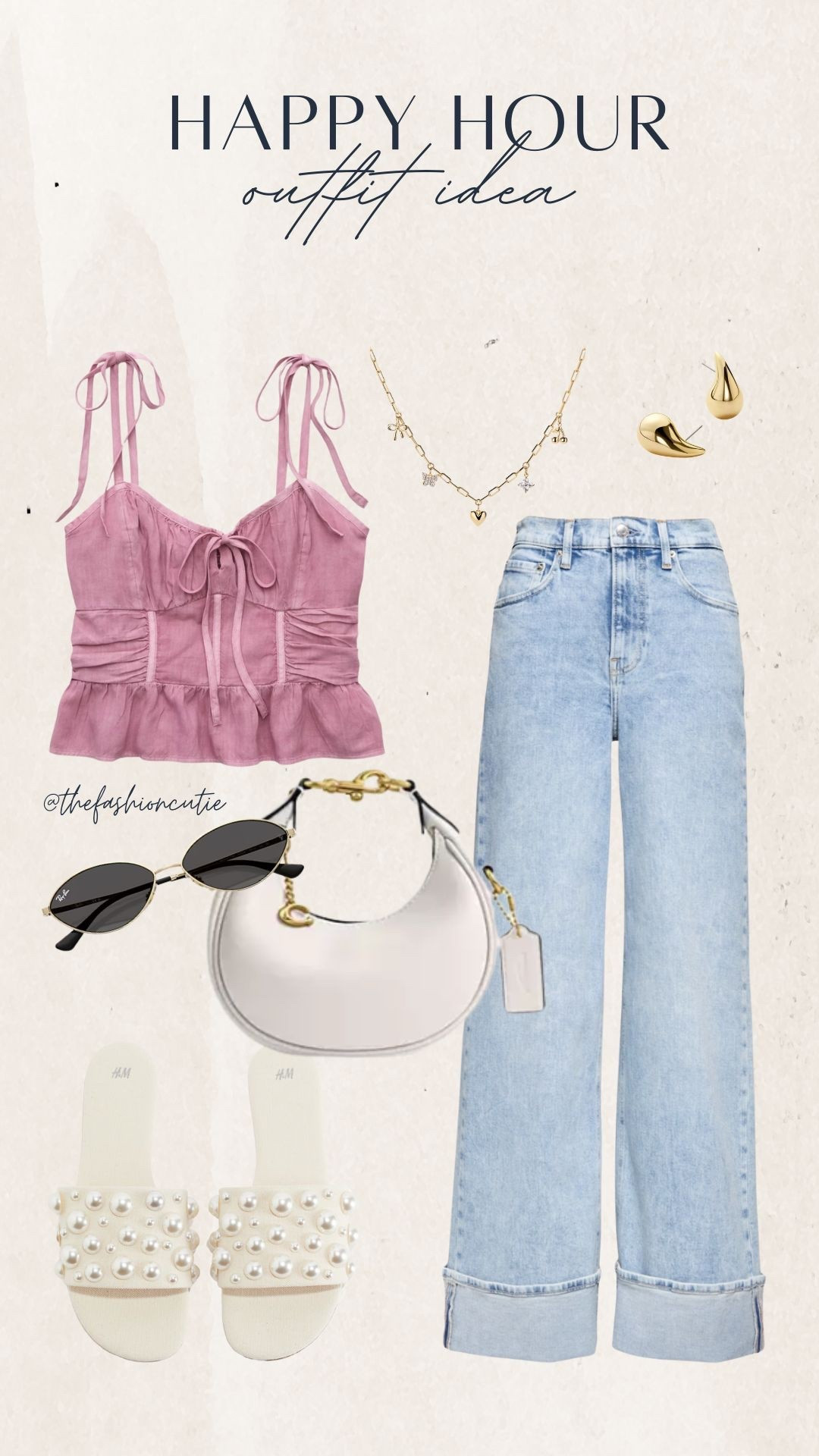 🍸 Happy Hour
Heading to happy hour? This flirty summer outfit features a ruched mauve top, wide-leg jeans, pearl slides, and a white shoulder bag. Don’t forget the gold details and your favorite sunnies.



#LTKStyleTip #LTKFindsUnder100