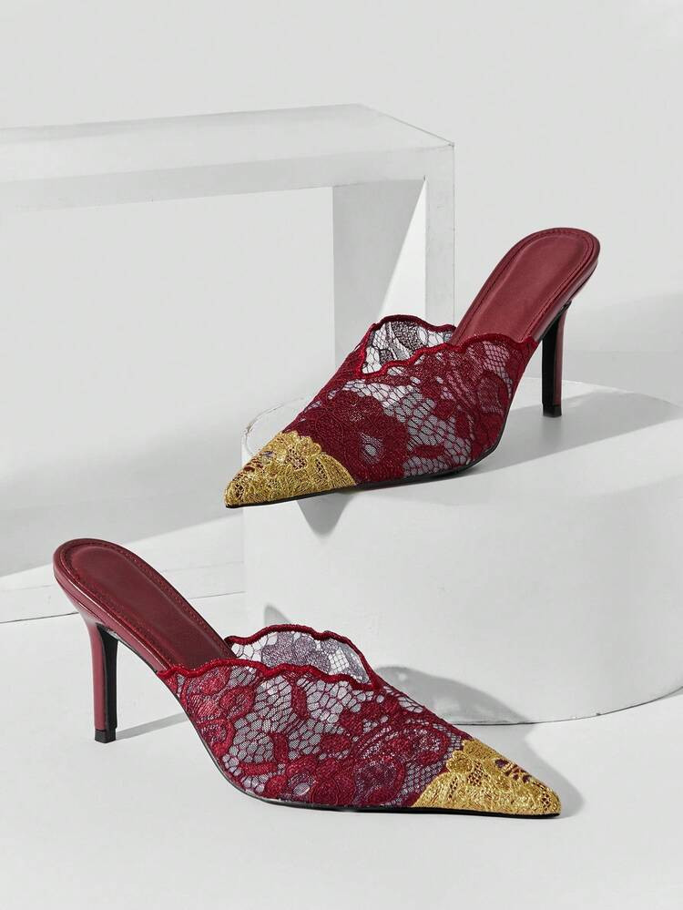 SHUZIA Women Gold Decor Pointy Toe Everyday Romantic Chic Sexy Party Lace Stiletto Mules Valentine's Day | SHEIN