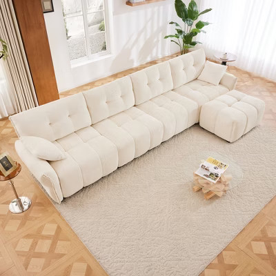 DOMETOUR Modular 4-Seater Chenille Sofa with Ottoman, Solid Wood Frame, High-Resilience Cushions, White, for Living Room or Office | Target