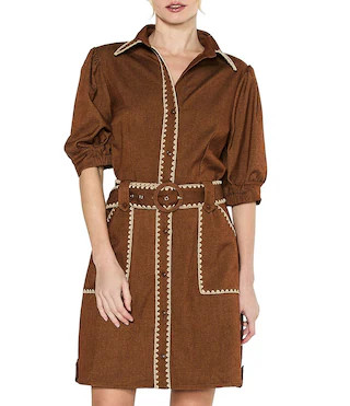 CIEBON Gelso Embroidered Faux Denim Point Collar Half Sleeve Mini Shirt Dress -  M | Dillard's