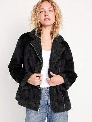 Faux-Suede Sherpa-Lined Moto Jacket for Women | Old Navy (US)