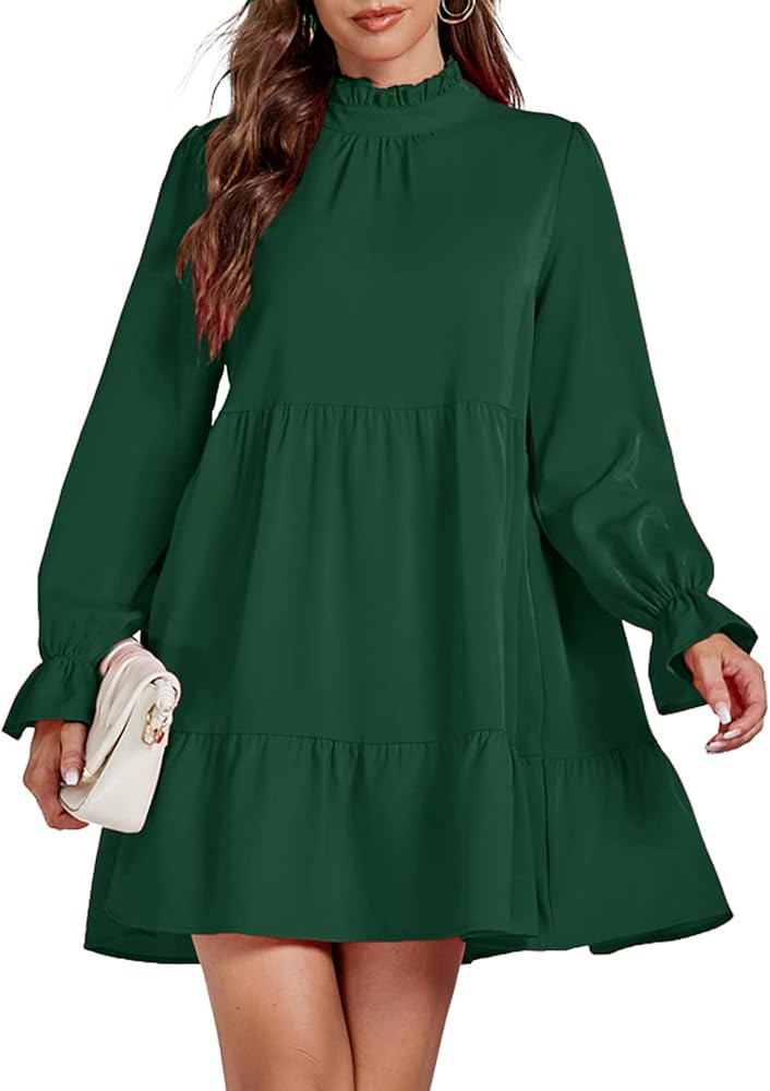 Umenlele Women’s Mock Neck Long Sleeve Tiered Ruffle Smocked Flowy A Line Babydoll Mini Dress  ... | Amazon (US)