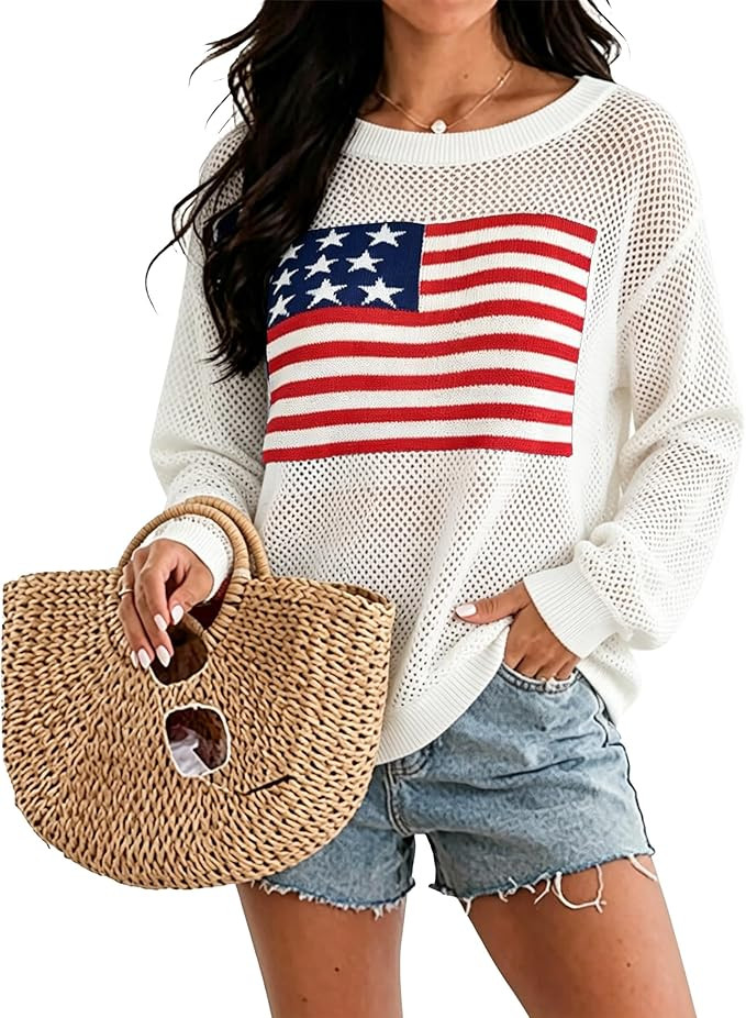 American Flag Sweater Women Crochet Knit USA Tops 4th of July Outfits Casual Boat Neck Pullover S... | Amazon (US)