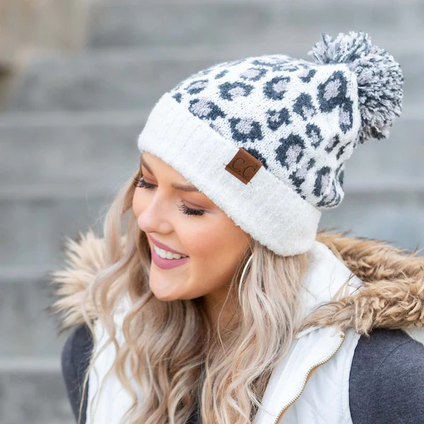 CC Leopard Pom Beanie Ivory / OneSize | Casual Chic Boutique