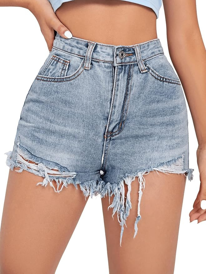 SweatyRocks Women's High Waist Denim Shorts Ripped Raw Hem Jean Shorts Casual Summer Hot Pants wi... | Amazon (US)