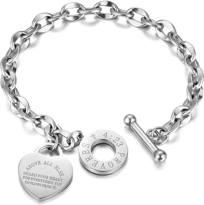 Emibele Heart Charm Bracelet for Women, Bible Verse Bracelet Stainless Steel 18K Gold Plated Brac... | Amazon (US)
