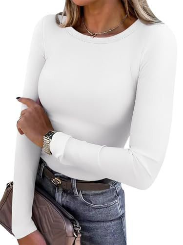 ANRABESS Women Long Sleeve Thermal Shirt Fleece Tops 2026 Fall Winter Crew Neck Casual Base Layer T-Shirts Warm Undershirts White Medium | Amazon (US)