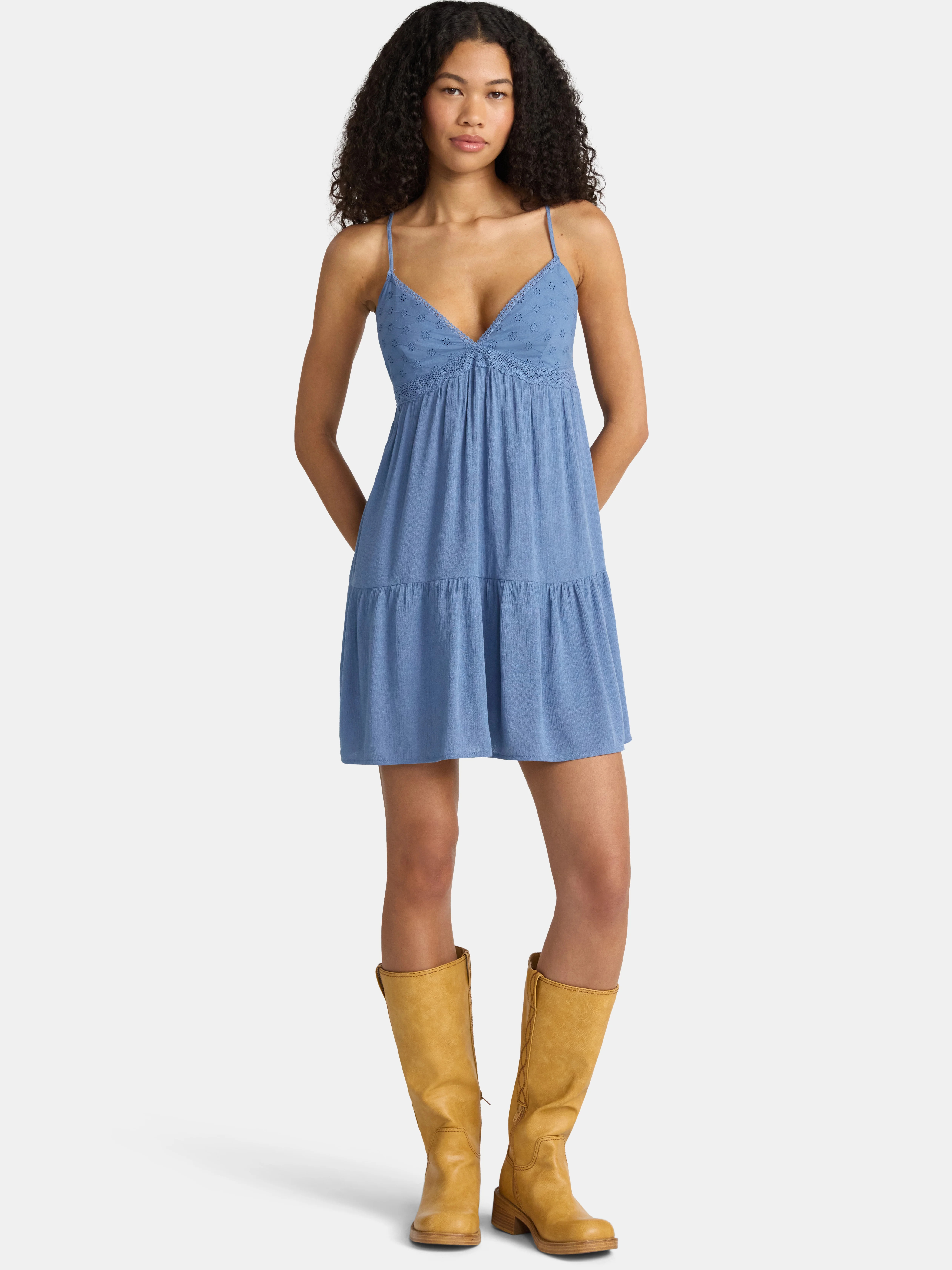 No Boundaries Woven Eyelet Mini Dress with Crochet Trim, Women's | Walmart (US)