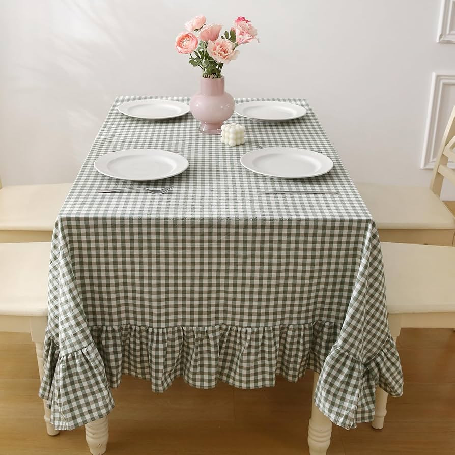 100% Cotton Sage Green Plaid Ruffled Table Cloth for Rectangle Table, Classic Farmhouse Checker G... | Amazon (US)