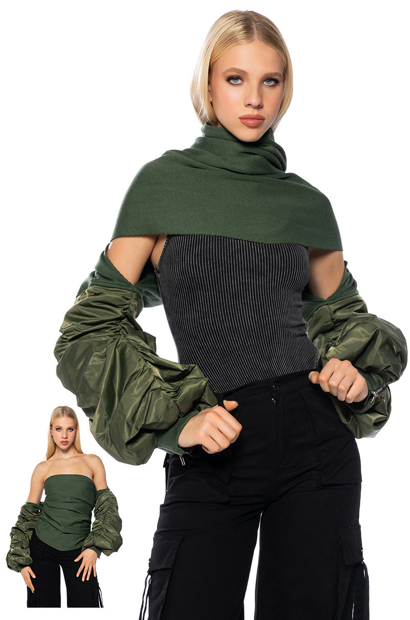 MISSION ACCOMPLISHED MULTI WAY BOMBER SCARF JACKET in olive | AKIRA