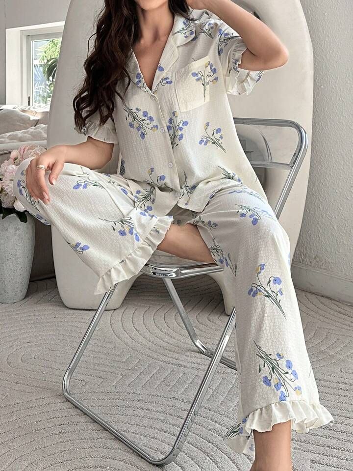 Floral Print Ruffled Short-Sleeved Shirt And Trousers Pajama Set | SHEIN