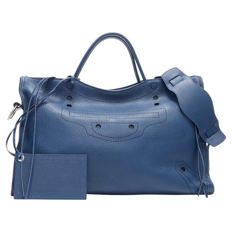 new BALENCIAGA Blackout navy blue pebble leather stud-free shadow moto city bag | 1stDibs