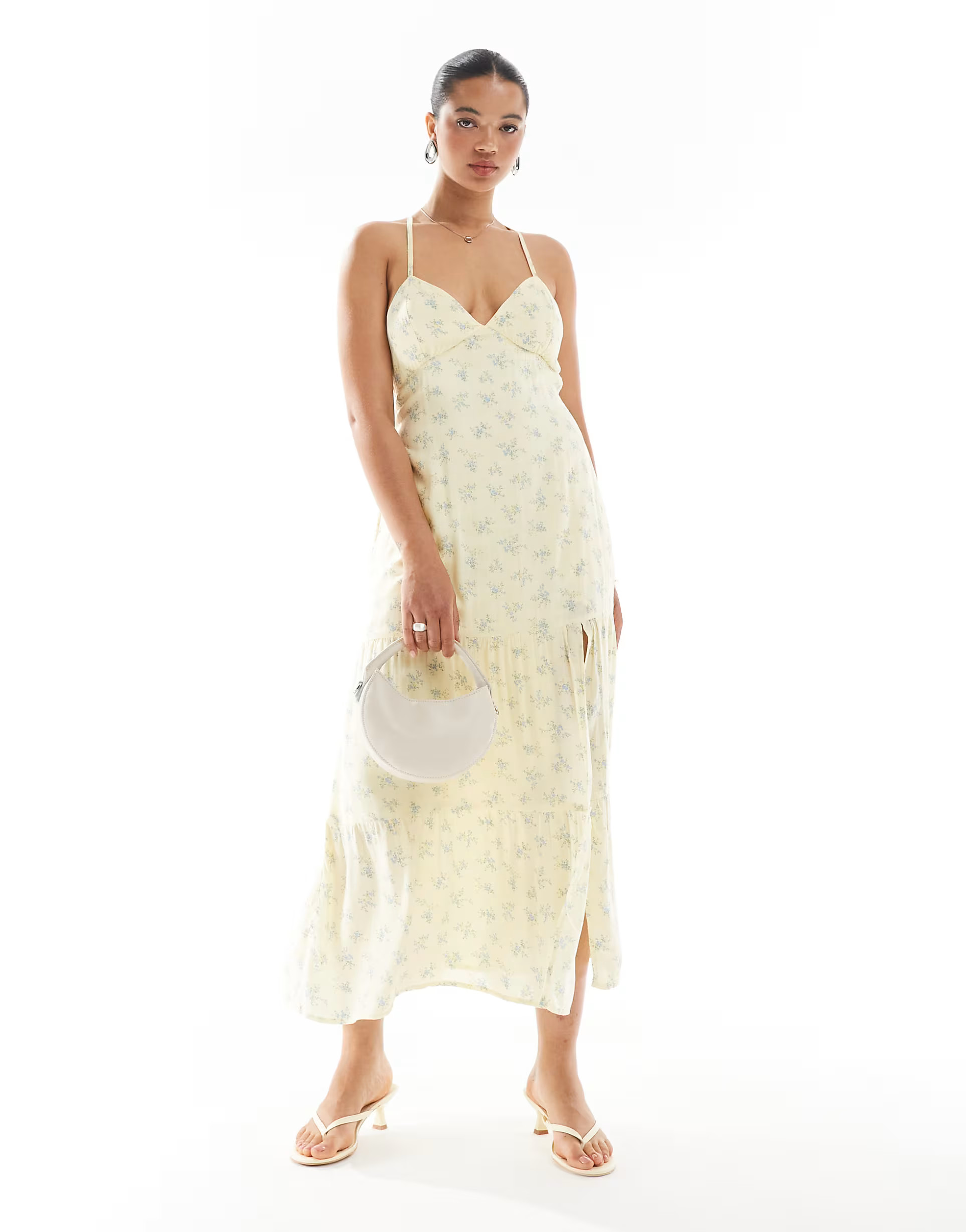 Hollister open back maxi dress with thigh split in yellow ditsy floral print | ASOS (Global)