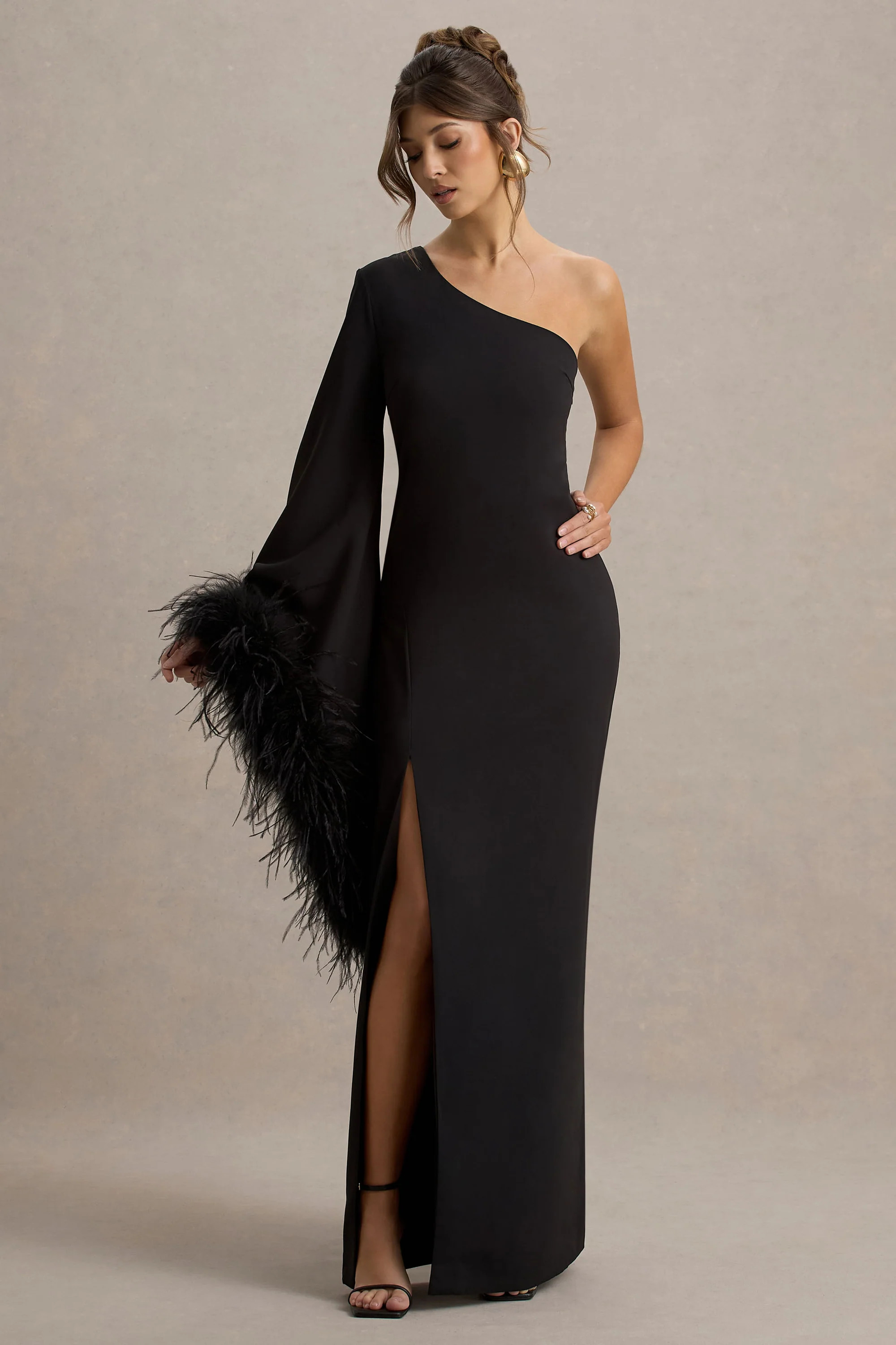 Armina | Black One-Shoulder Feather-Trim Maxi Dress | Club L London
