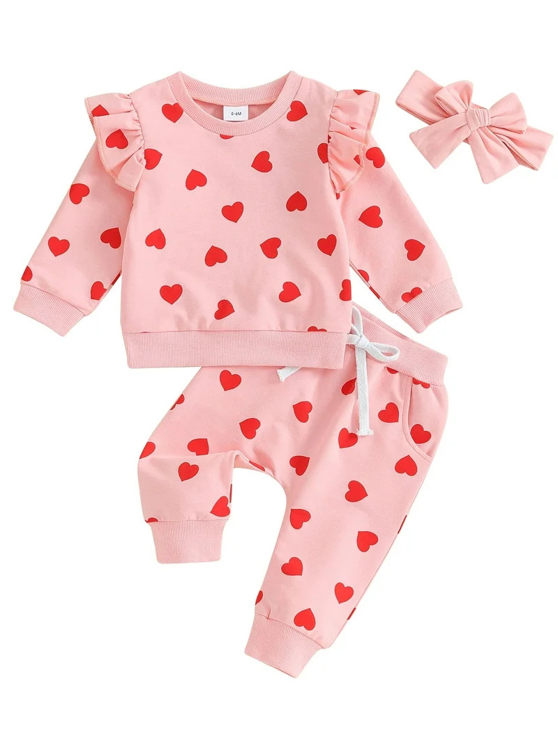 3Pcs Toddler Baby Girl Valentine's Day Clothes Heart Print Long Sleeve Sweatshirt + Pants + Headb... | Walmart (US)
