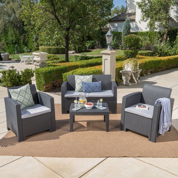 Outdoor 4 Piece Faux Wicker Rattan Style Chat Set with Cushions, Charcoal Light Grey | Walmart (US)