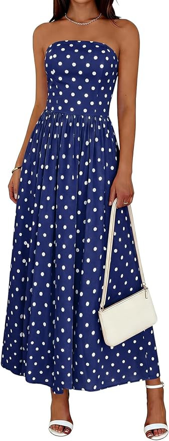 Wenrine Womens Polka Dot Strapless Dress Summer Smocked Tube Top Casual Sleeveless Swing Flowy Ma... | Amazon (US)