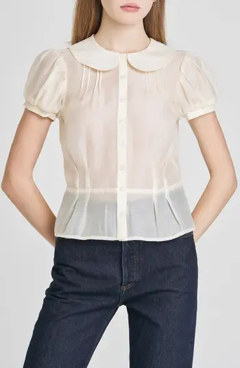 WAYF Kit Puff Sleeve Semisheer Peplum Top in Off White at Nordstrom Rack, Size Small | Nordstrom Rack