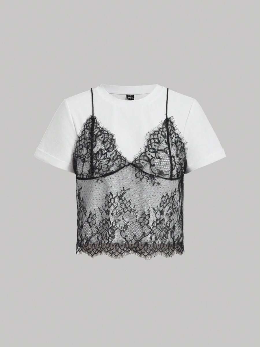 SHEIN MOD Summer White Lace Spliced Round Neck Short Sleeve T-Shirt (2 In 1) | SHEIN
