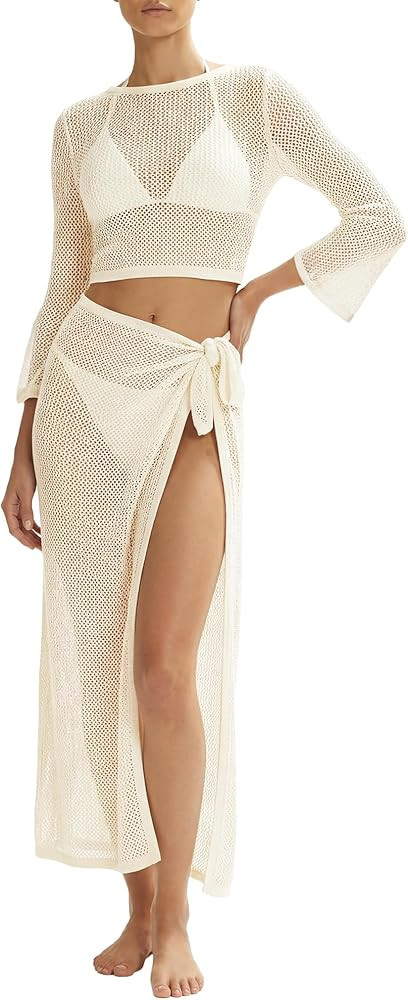 MANGOPOP 2 Piece Swimsuit Coverup for Women, Crochet Bathing Suit Cover Up Set for Beach Pool Vac... | Amazon (US)