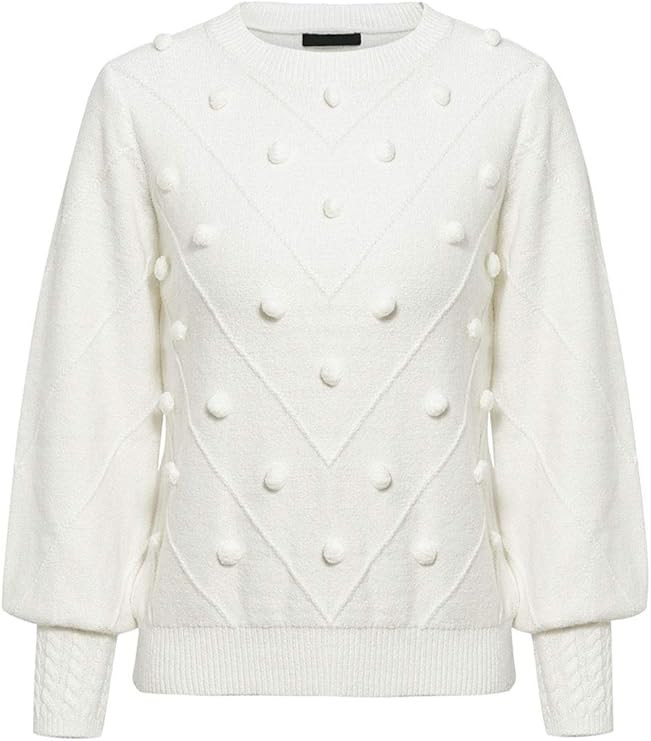 Miessial Women's Fall Crew Neck Pullover Sweater Cute Long Puff Sleeve Chunky Knit Sweater Pompom... | Amazon (US)