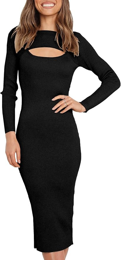 Amazon.com: LOGENE Women's Cutout Ribbed Long Sleeve Sweater Dress Crew Neck Slim Fit Knitted Mid... | Amazon (US)