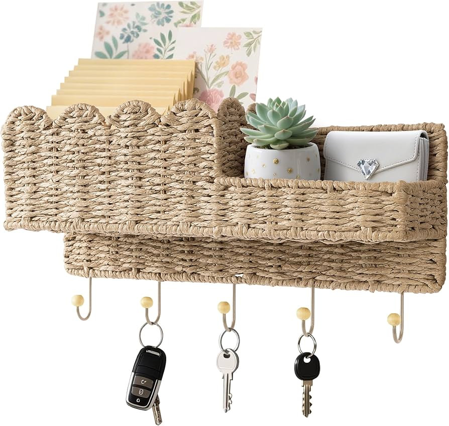 AELS Scalloped Woven Wall Mount Key Holder with 5 Hooks, Decorative Paperstraw Mail Organizer for... | Amazon (US)