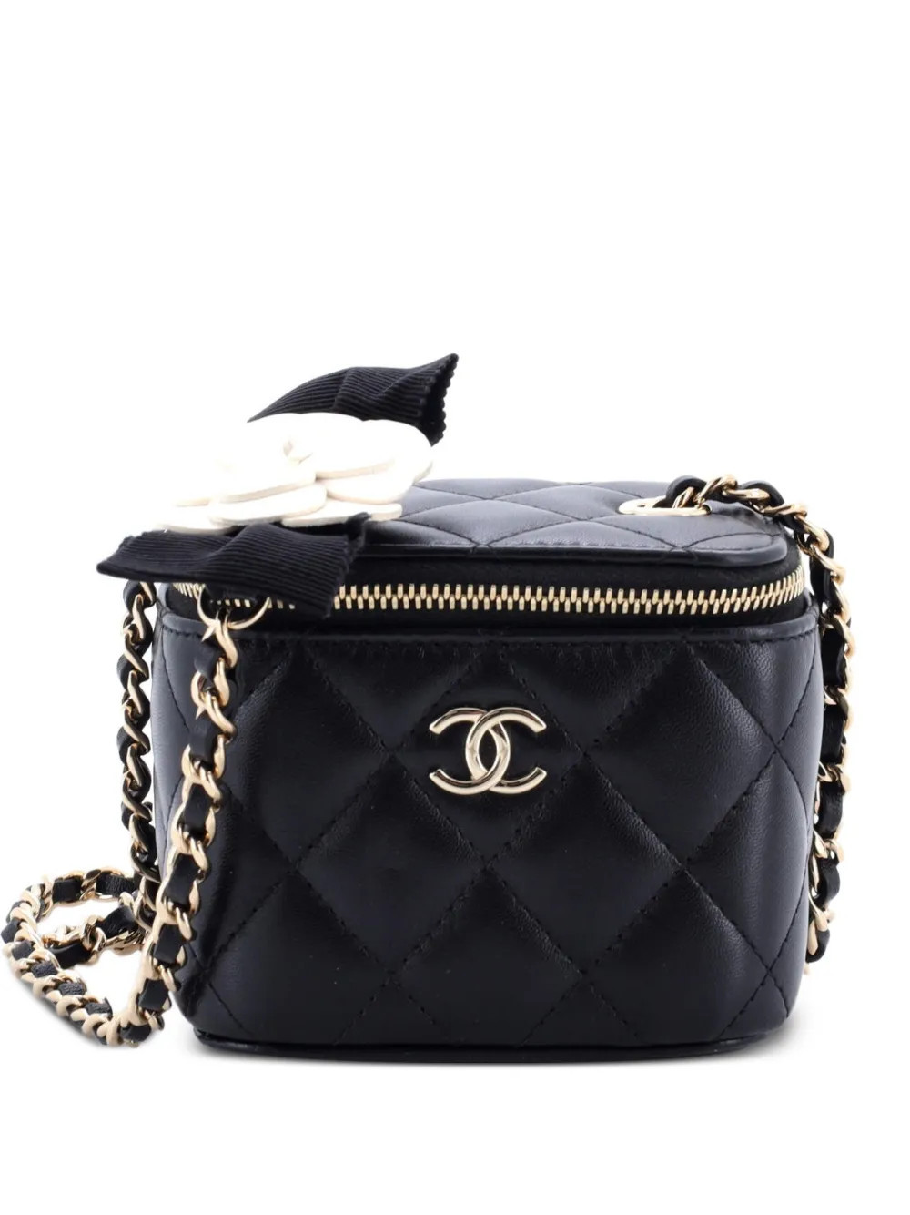 CHANEL Pre-Owned Lock Frame Vanity Case with Chain Quilted Lambskin Small clutch bag - Black | Farfetch Global