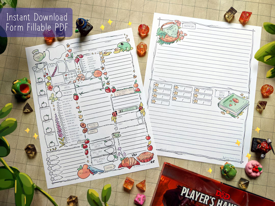 Cottagecore D&D 5e Character Sheet - Colored - Dnd - Printable Sheets - Form Fillable PDF - Etsy | Etsy (US)