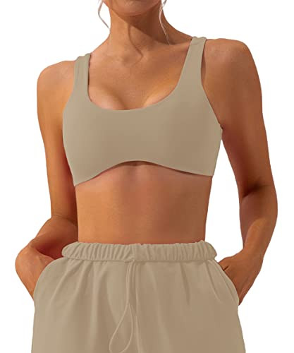 MISSACTIVER Women Sport Bra Removable Padded Wireless Yoga Tank Tops Sleeveless Fitness Workout Running Bralette Crop Tops(Small,Light Khaki) | Amazon (US)