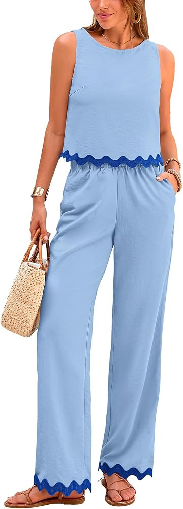 PRETTYGARDEN Womens Sleeveless Tank Crop Top Wide Leg Pants Set | Amazon (US)