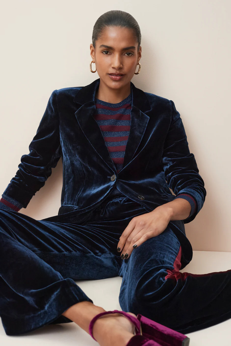 Aurora Silk Velvet Trouser - Midnight/Plum Stripe | WYSE London