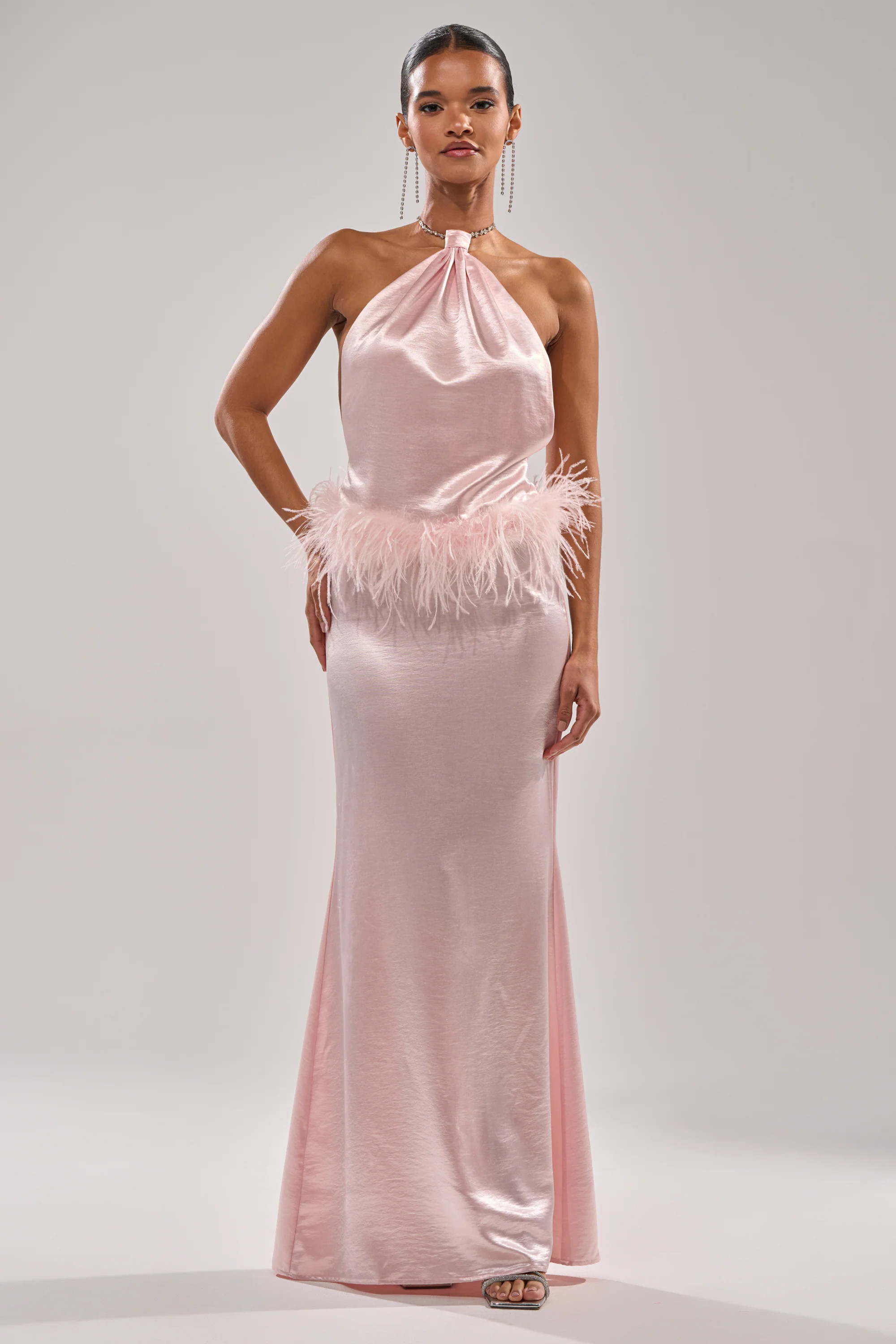 WHO IS SHE SATIN FEATHER MAXI DRESS | AKIRA