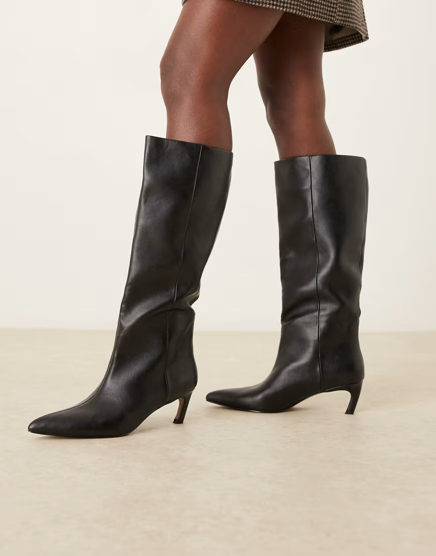 ASOS DESIGN Carmel pull-on kitten heeled knee boots in black | ASOS (Global)