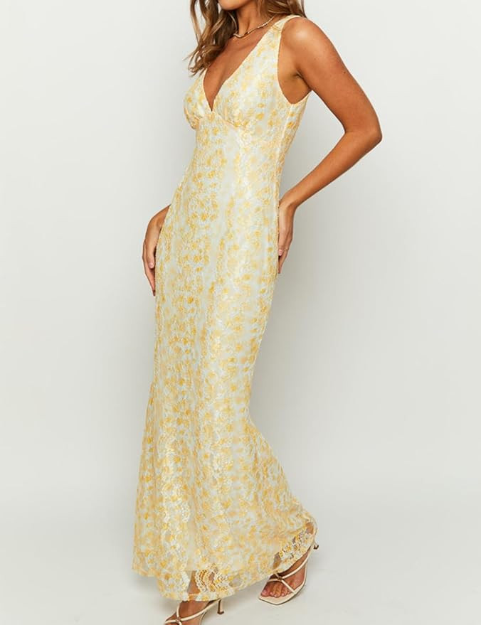 Elegant Lace Floral V Neck Backless Bodycon Dresses for Women Sexy Cut Out Low Back Sleeveless Ma... | Amazon (US)