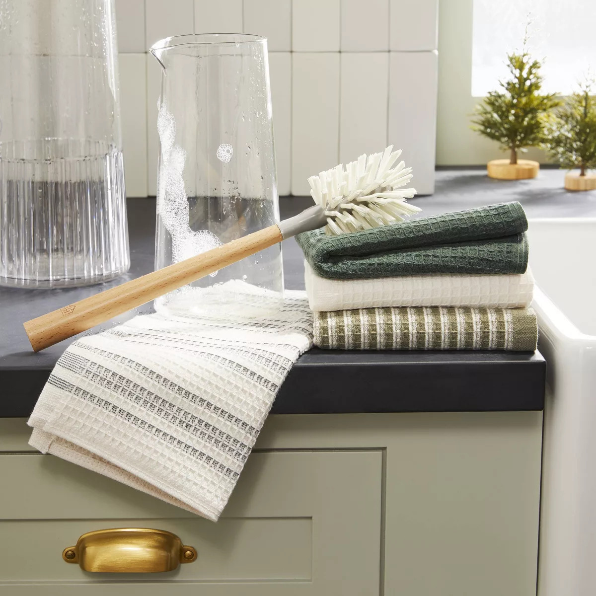 4pk Waffled Cotton Dish Cloth Set - Green Stripes - Hearth & Hand™ with Magnolia | Target