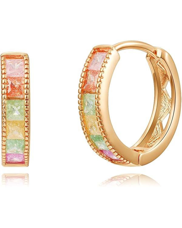 14K Gold Plated Cubic Zirconia Hoop Earrings,Three Row Diamon | Arrows | Double Row of Diamonds H... | Amazon (US)