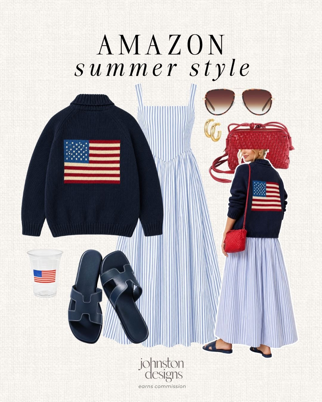 Amazon summer style with a striped maxi dress, navy sweater and red accessories for a classic patriotic look. Love this for lake weekends, Fourth of July plans or casual summer gatherings. 🇺🇸

Amazon summer style, striped dress, navy sweater, red bag, slide sandals, gold hoops, sunglasses, patriotic outfit, Fourth of July, summer gathering, lake weekend, casual style, vacation look, warm weather, classic outfit, affordable finds 

 #LTKootd #LTKSeasonal