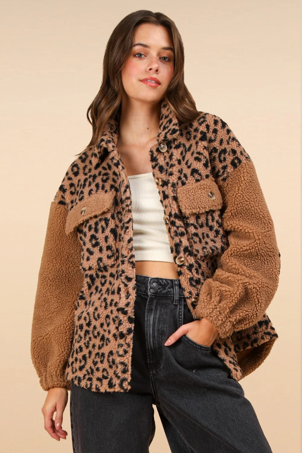 Fuzzy Leopard Button Down Long Sleeve Jacket L | Casual Chic Boutique