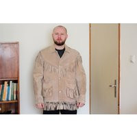 Vintage Suede Fringe Coat Beige Boho Festival Jacket, Size L | Etsy (US)