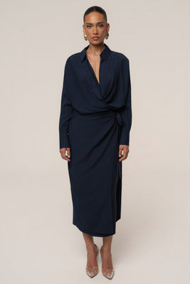 Navy Skyline Wrap Midi Dress | JLUXLABEL US