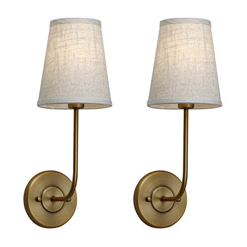 Pathson Set of 2 Vintage Wall Sconces Linen Fabric Shade, Bathroom Vanity Lights Brass Finish, In... | Amazon (US)