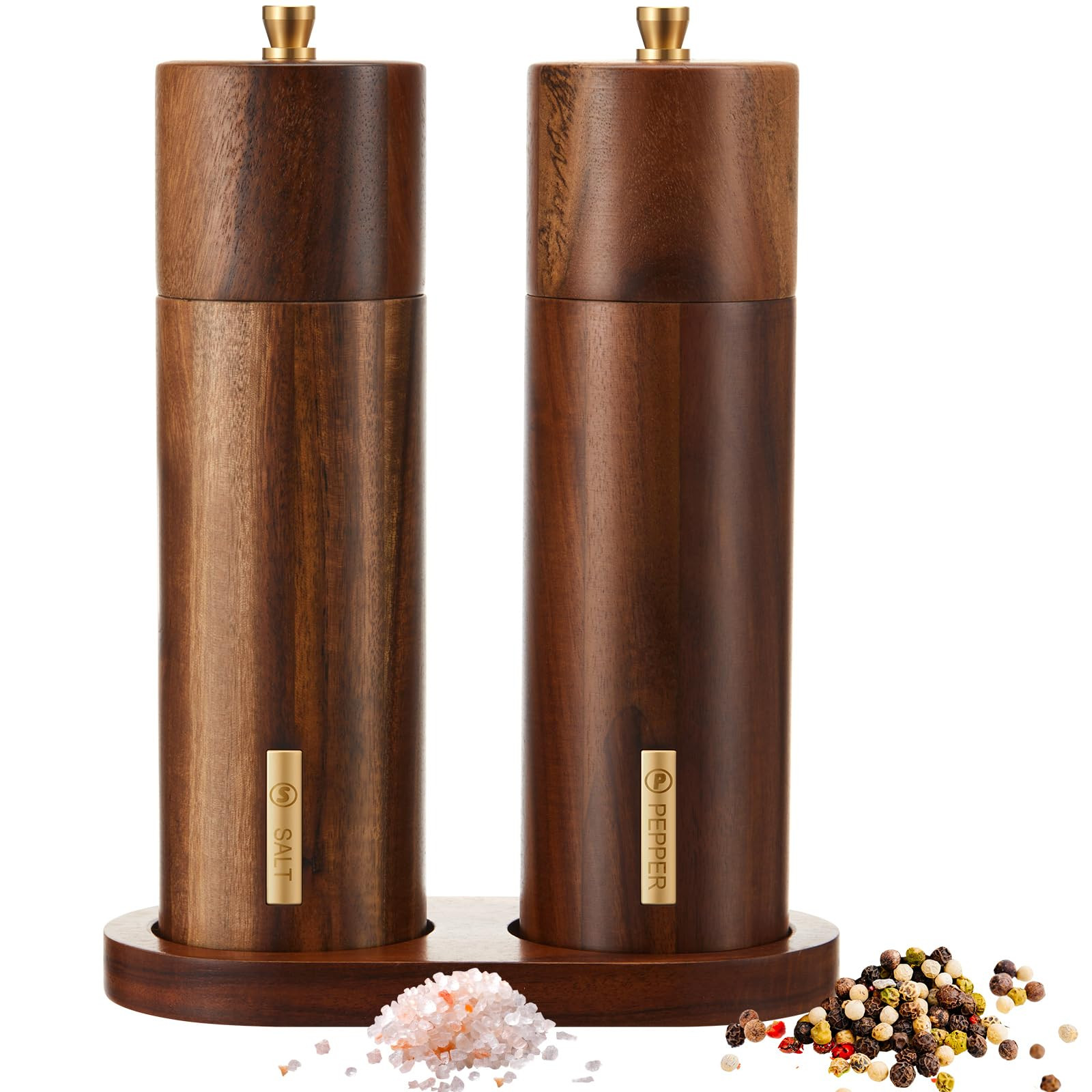 Wooden Salt and Pepper Grinder Set 8 Inch Manual Salt and Pepper Mill with Tray Adjustable Coarseness Refillable Wood Grinders with Gold Bottle Label for Kitchen Christmas Home Gift(Wood Color) | Amazon (US)