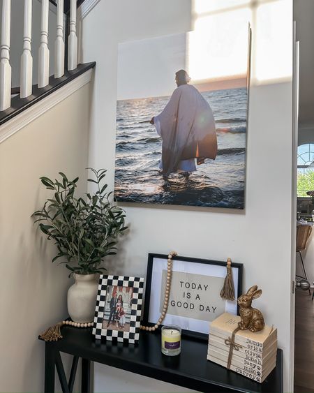 Entryway decor - Today is a Good Day sign + wooden decorative beads 🖤

Black and white checkered picture frame // custom name bookstack // black entryway console table // faux olive plant in vase // home decor 

#LTKHome #LTKSaleAlert #LTKFamily