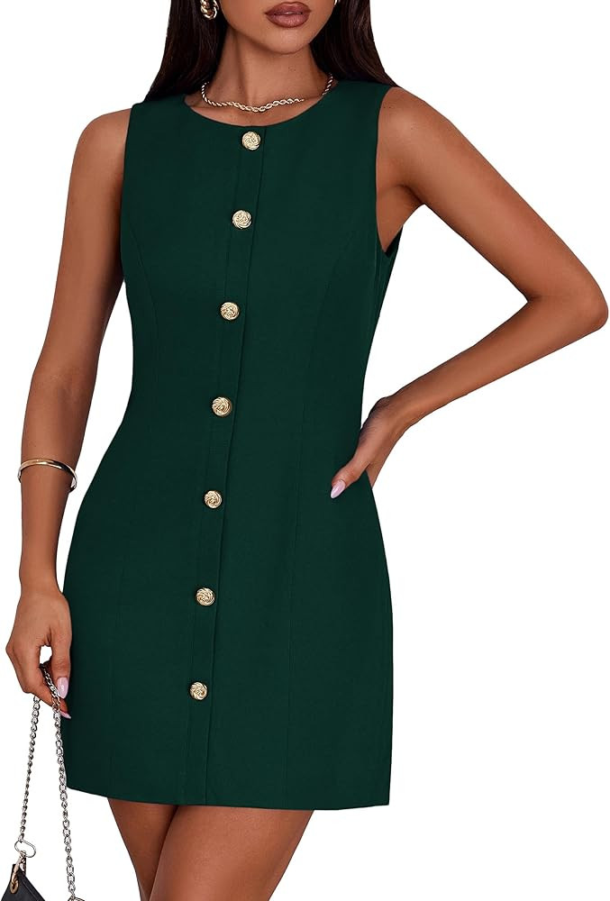PRETTYGARDEN Work Dresses for Women 2025 Summer Business Formal Short Dress Sleeveless Button Dow... | Amazon (US)