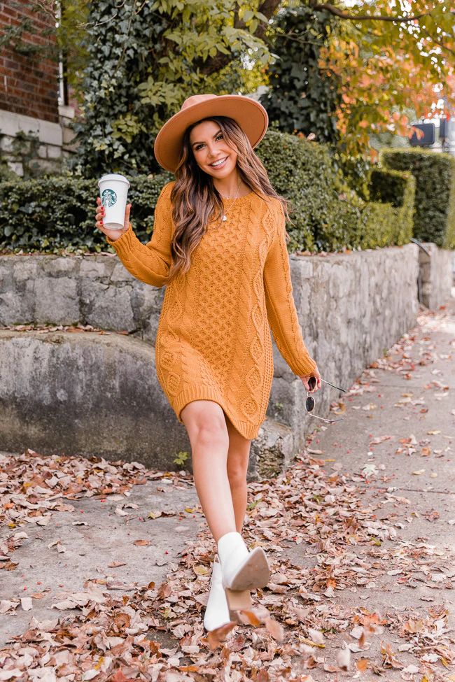 Wild Card Gold Cable Knit Sweater Dress | The Pink Lily Boutique