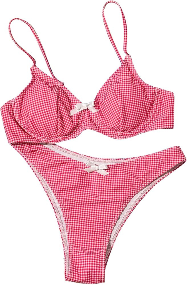 Women's 2 Piece Y2K Gingham Bow Front Bikini Set Underwire Bikini Thong Swimsuit High Waisted Bat... | Amazon (US)
