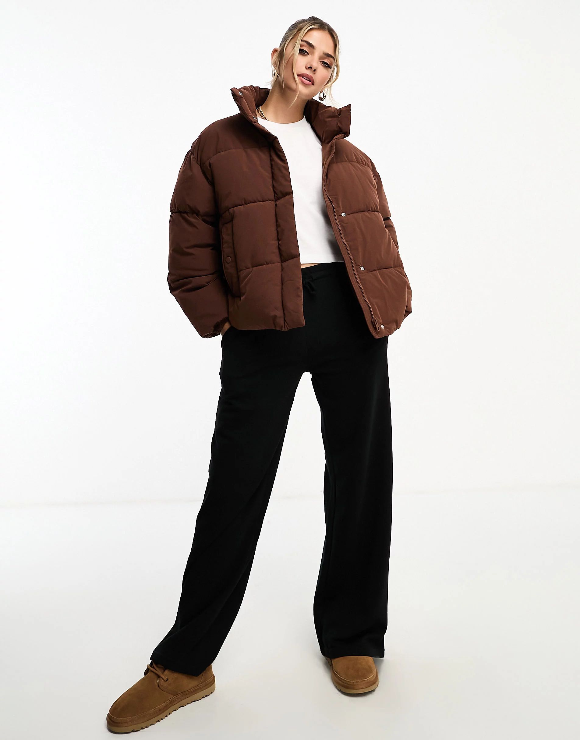 Pull&Bear padded puffer jacket in chocolate brown | ASOS (Global)