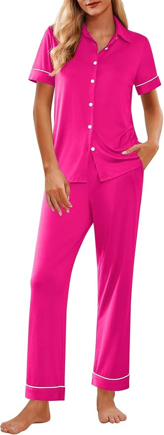 Ekouaer Women 2 Piece Pajamas Set Button Down Short Sleeve Pjs Set Soft Lounge Set with Long Pant... | Amazon (US)